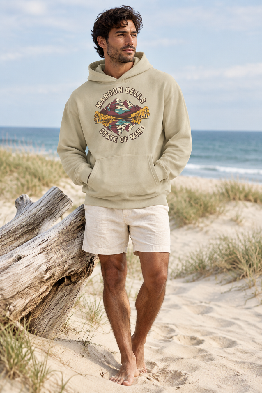 Male stone hoodie beach look with cream linen shorts