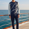 Male sweater editorial with navy joggers