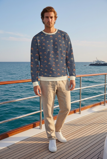 Male sweatshirt editorial with linen trousers