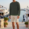 Male sweatshirt look with cream tailored shorts