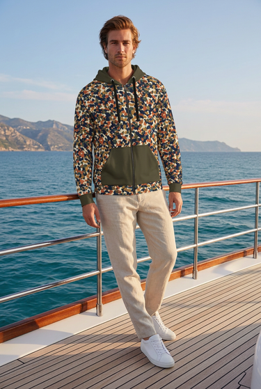 Male zip-hoodie editorial with linen trousers