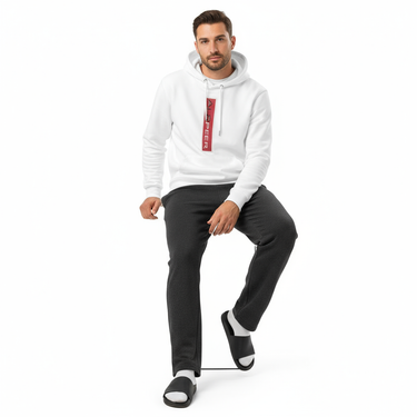 Man in hoodie with sweatpants and slides