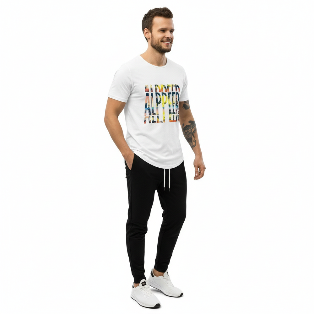 Man in white tee with track pants