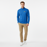 Man with short hair in atomic blue lightweight quarter-zip pullover with khaki chinos