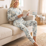 Matching pale-blue camo set, sofa reading look