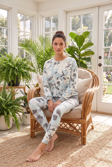 Matching pale-blue camo set, sunroom lounging look