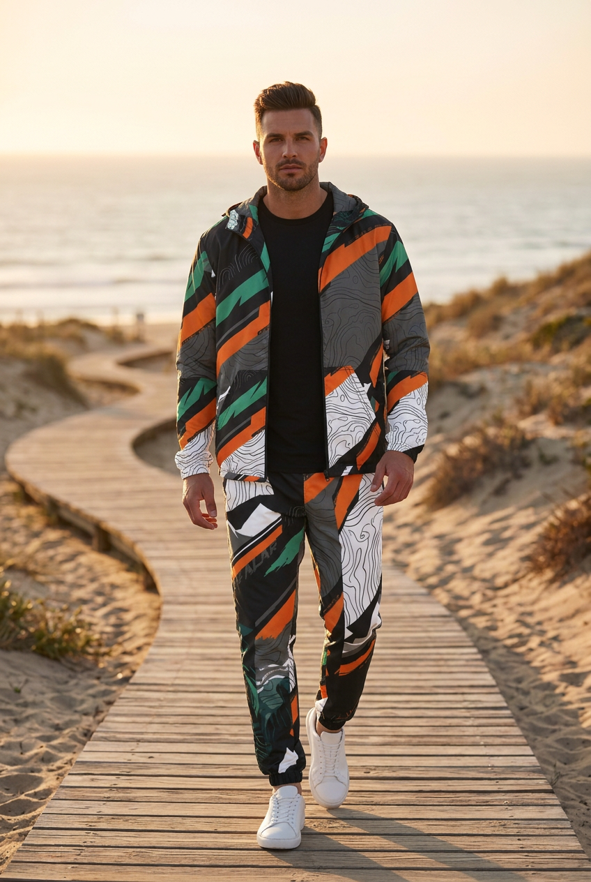 Matching track pants with the jacket worn open on a beach boardwalk