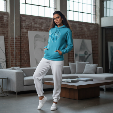 Middle Eastern female model in aqua hoodie