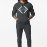 Model with man bun in full charcoal hoodie