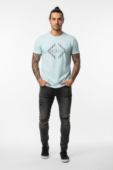 Model with man bun in ice blue