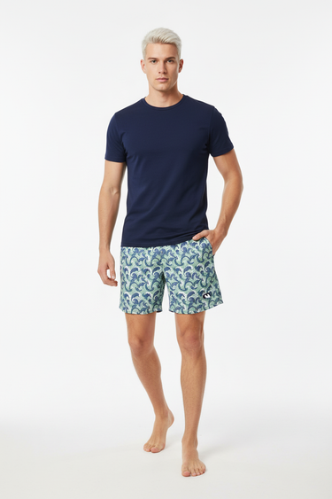Model with navy t-shirt