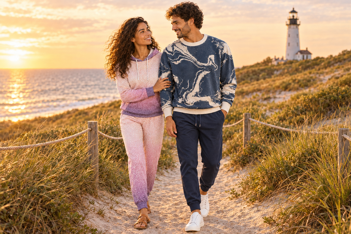 Models sharing a candid moment in the coastal editorial