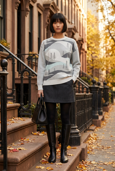 Mountain sweater with charcoal skirt