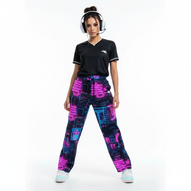 Neon City Wide-Leg Joggers - Female gamer with esports jersey
