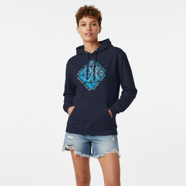 Non-binary model in navy hoodie