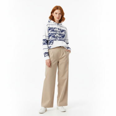 Ocean Wave Stripe Hoodie - White female model with beige trousers