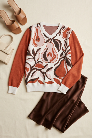 Pear sweater flat lay with a chocolate satin skirt