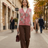 Pink floral cardigan with tailored chocolate trousers