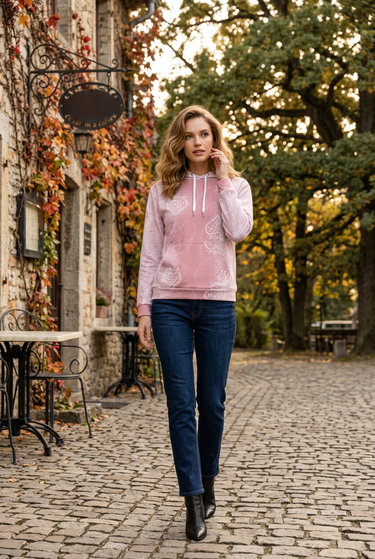 Pink hoodie with indigo jeans