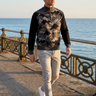 Quarter-zip coastal editorial with gray distressed jeans