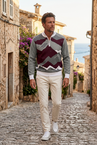 Quarter-zip sweater in a Mediterranean village