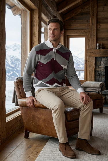 Quarter-zip sweater styled inside a ski lodge