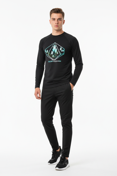 Rash guard with black joggers front