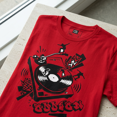 Red graphic T-shirt close-up