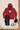 Red hoodie denim outfit flat lay