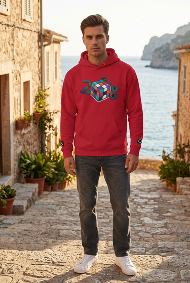 Red hoodie with charcoal denim