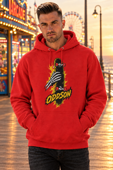 Red ODDSON hoodie close-up
