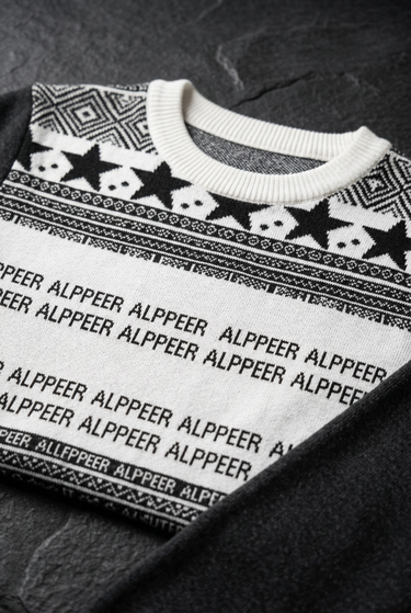 Revised Nordic sweater neckline and lettering close-up
