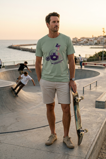 Sage ODDSON tee at a seaside skate park