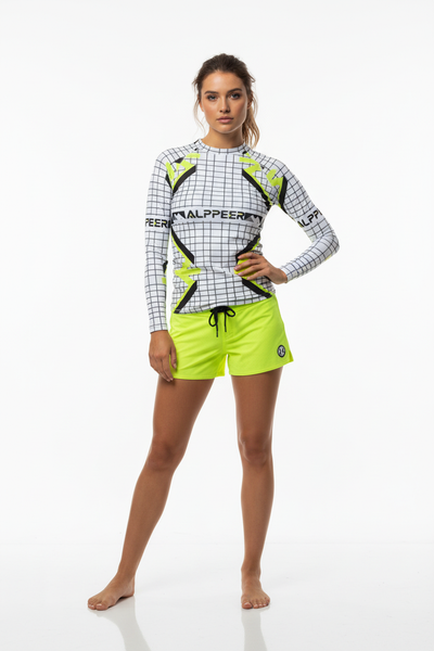 Styled with Neon Yellow Boardshorts