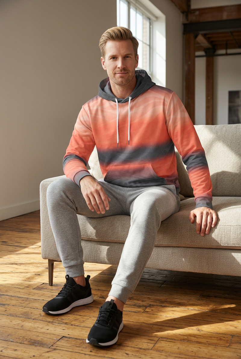 Sunlit loft editorial with light grey joggers