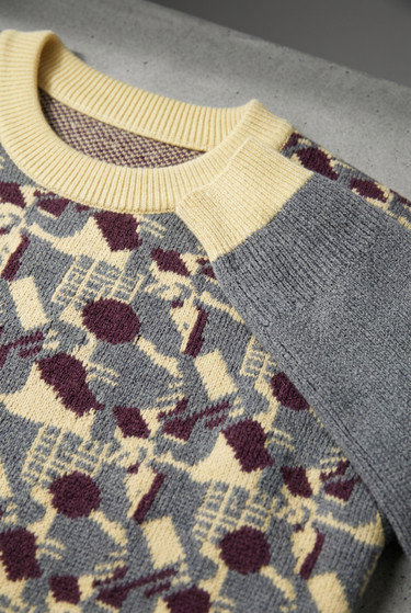 Sweater neckline and artwork close-up