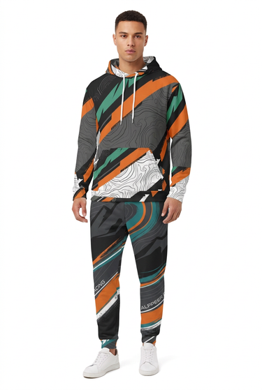 Terrain Shift hoodie paired with racing joggers on a white background