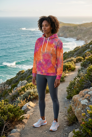 Tie-dye hoodie styled on a coastal path