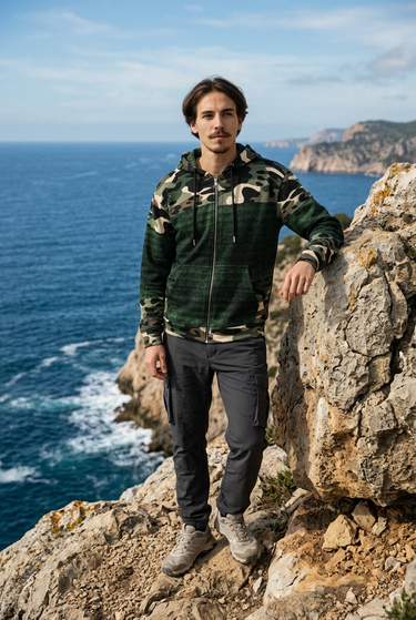 Trailhunter hoodie with charcoal cargo trousers at an ocean overlook