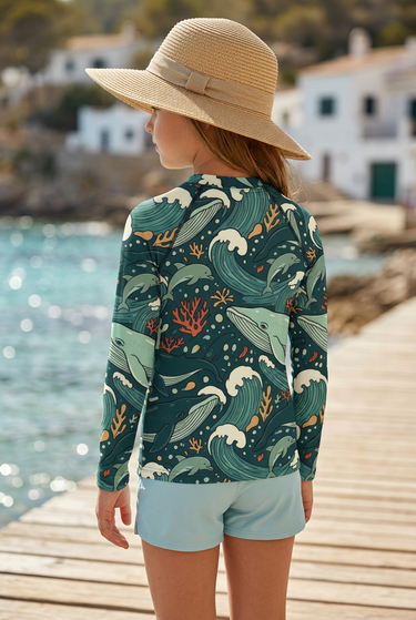 Whale-print rash guard editorial look