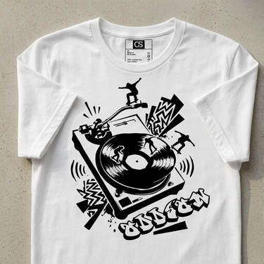 White graphic T-shirt close-up