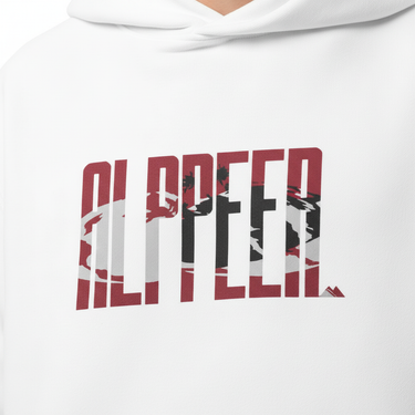 White hoodie logo detail