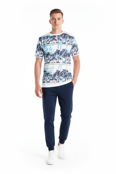 White male model with navy joggers