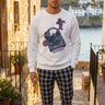White sweatshirt with checked trousers