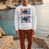 White sweatshirt with rust chinos