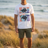 White tee with olive shorts without beanie