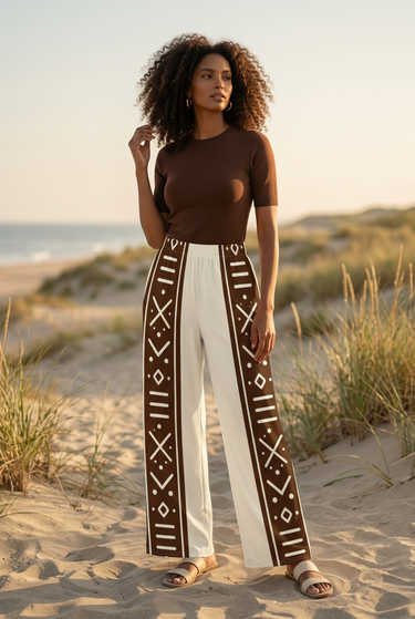 Wide-leg pants styled with a chocolate knit top