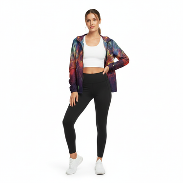 Woman in galaxy windbreaker with leggings